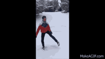 a man in a red and blue jacket is standing in the snow