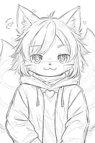 a black and white drawing of a fox wearing a hoodie with a heart on it 's chest .