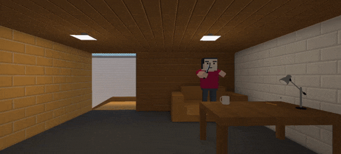 a cartoon character is sitting at a table in a room with a brick wall