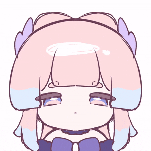 a drawing of a girl with pink hair and a purple bow