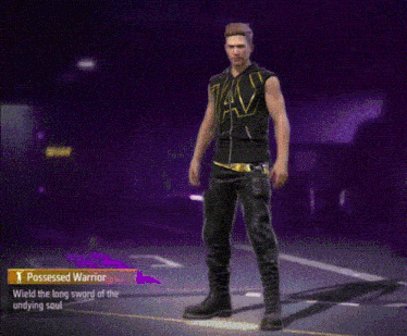 a man is standing in front of a fire and a sign that says possessed warrior