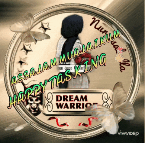 a picture of a woman in a hijab is surrounded by butterflies and the words " happy tasking dream warrior "