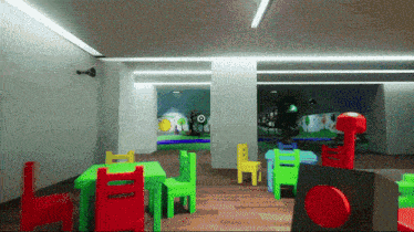 a room with tables and chairs and a red circle