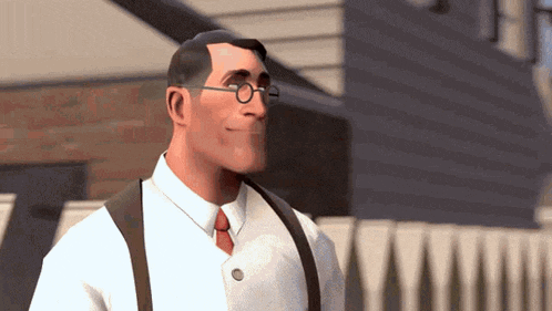 a cartoon character wearing glasses and suspenders is smiling
