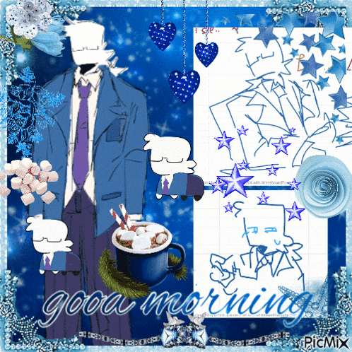 a picture of a man in a suit and tie with a cup of hot chocolate and the words good morning on the bottom