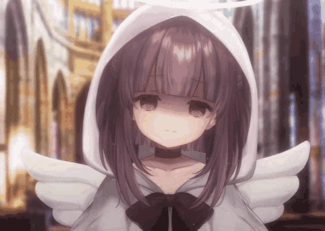 a girl with angel wings and a white hoodie
