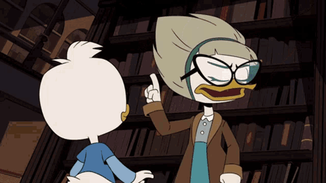 a cartoon character with glasses is pointing at another cartoon character