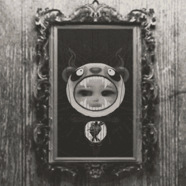 a black and white painting of a monster with fangs