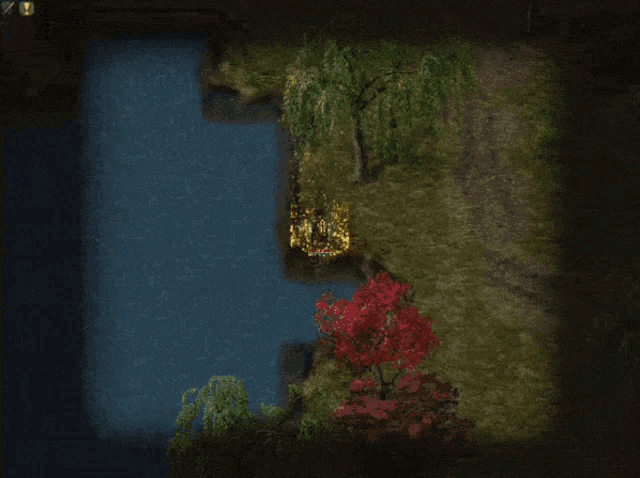 a computer generated image of a lake with trees and bushes in the foreground