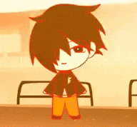 a cartoon boy with brown hair and orange pants is standing in front of a bench .