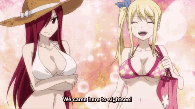 two anime girls are standing next to each other and one of them says we came here to sightsee