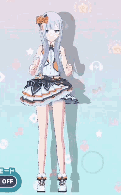 a girl in a white dress is dancing in a video game with an off button