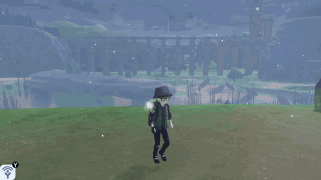 a person in a video game is standing in a field with a y symbol in the corner