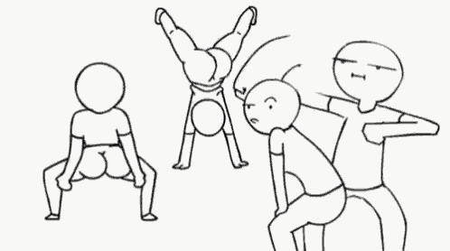 a black and white drawing of a group of people doing handstands .