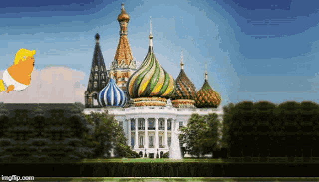 a baby in a diaper flies in front of a white house