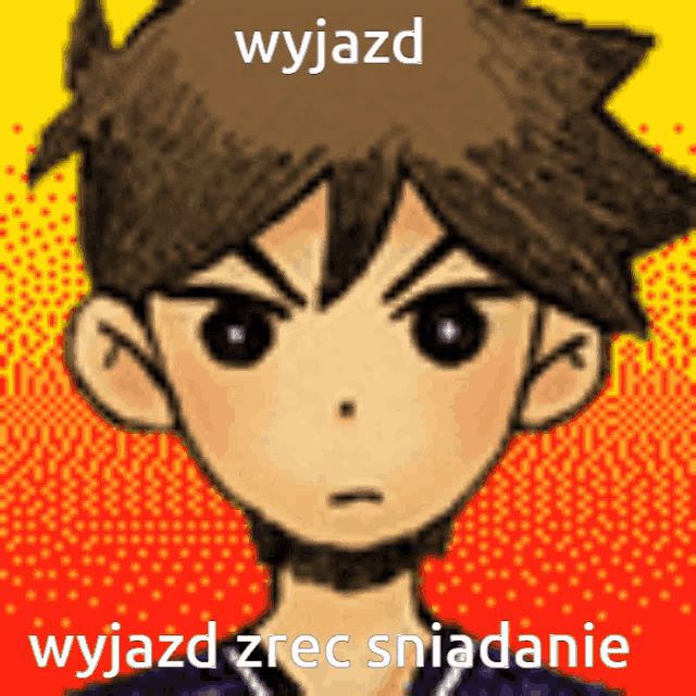 a drawing of a boy with the words wyjazd written on the top