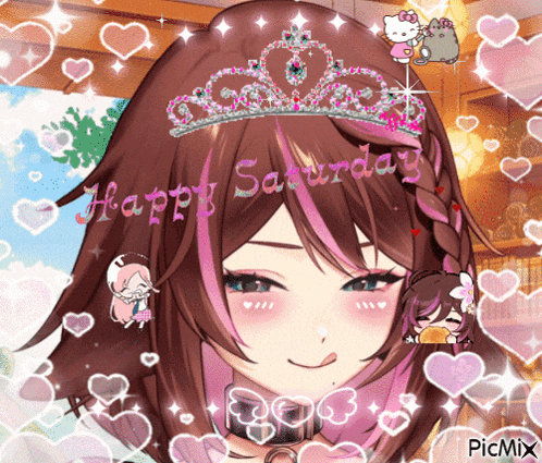 a picture of a girl with a tiara that says happy saturday on it