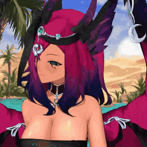 a pixel art drawing of a girl with pink hair and black horns