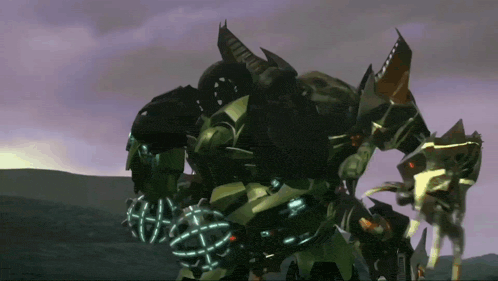 a cartoon drawing of a giant robot with a purple sky behind it