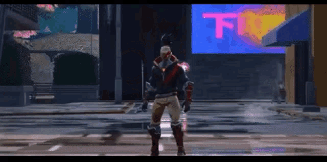 a man in a video game is standing in front of a large sign that says ff .