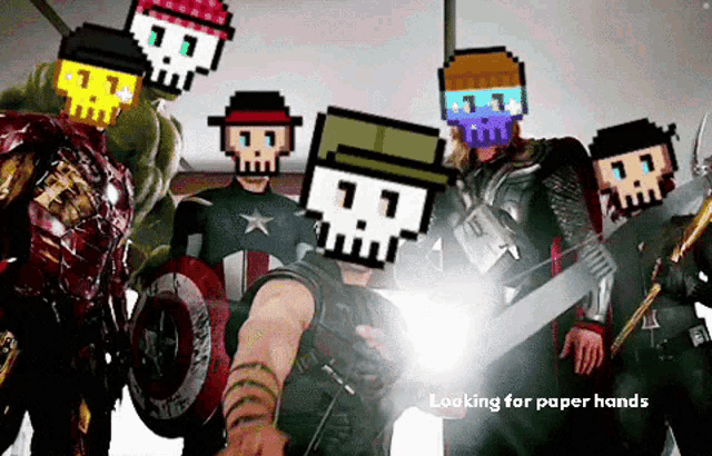 a group of people with skulls on their faces and the words looking for paper hands