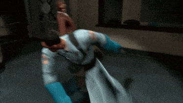 a man in a white coat is fighting another man in a red mask in a video game
