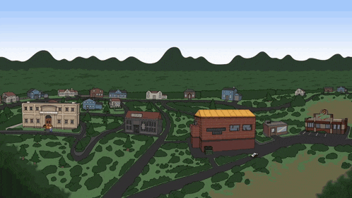a cartoon drawing of a small town with houses and mountains
