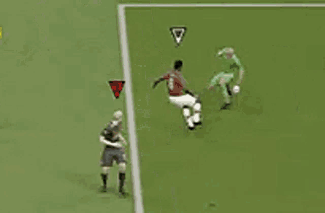 a group of soccer players are playing a game and one of them is named " the goon xl "
