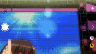 a pixel art of a person taking a picture of a swimming pool