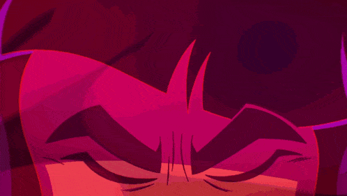 a close up of a cartoon character 's face with bright pink eyes
