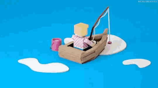 a cartoon character is fishing in a boat with a speech bubble saying jin