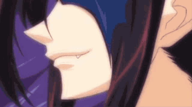 a close up of a person 's face with purple hair and a blue mask on .