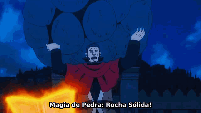 a man in a red cape is holding a book that says magia de pedra rocha solida