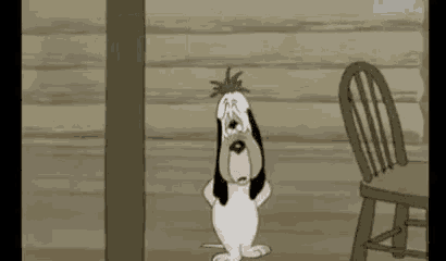 a cartoon dog is standing next to a wooden chair and a pole .