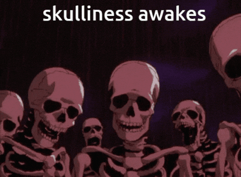 a group of skeletons are standing next to each other with the words " skullliness awakes " written above them