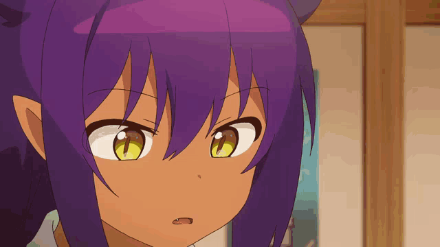a girl with purple hair and yellow eyes looks surprised