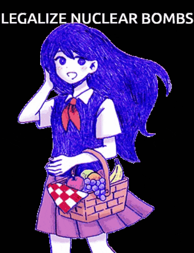 a girl with blue hair is holding a basket full of fruit