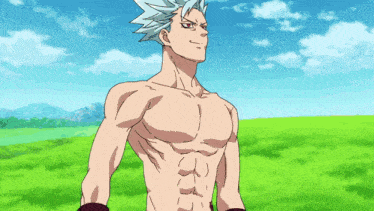 a shirtless anime character is holding a pair of metal sticks
