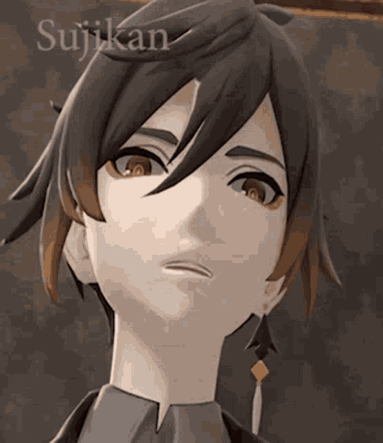 a close up of a cartoon character 's face with the name sujikan written on the bottom