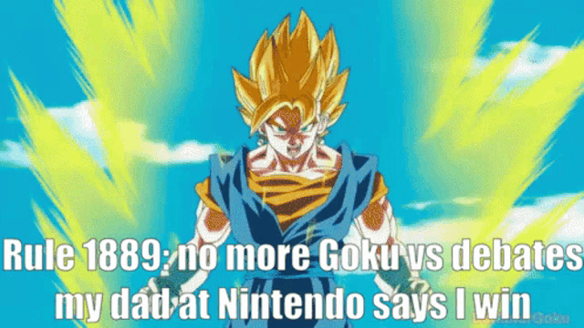a picture of a cartoon character with the caption " rule 1889 no more goku vs debates my dad at nintendo says i win