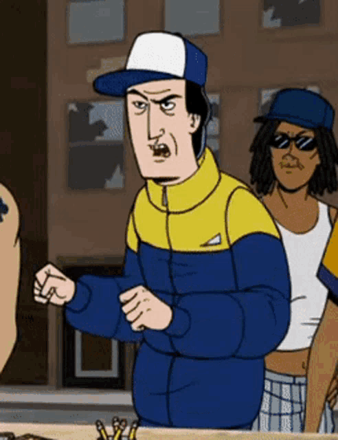a cartoon of a man wearing a yellow and blue jacket and a baseball cap