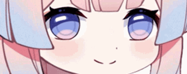 a close up of a girl 's face with blue eyes and pink hair