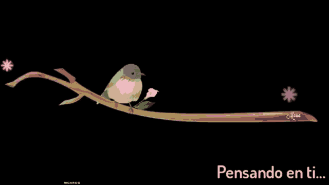 a picture of a bird sitting on a branch with the words pensando en ti below it