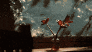 two red flowers in a vase on a window sill