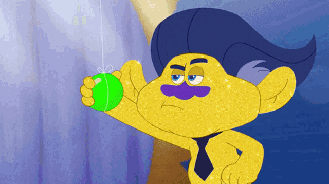 a cartoon character with a purple nose is holding a green object