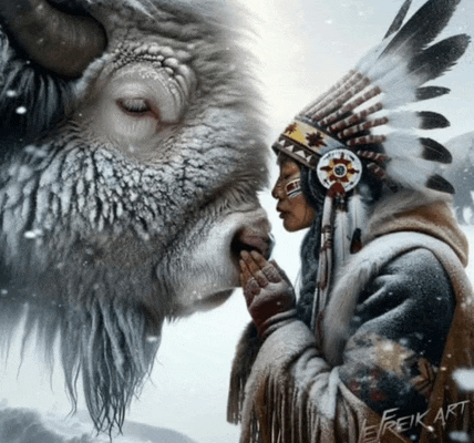 a man in a native american headdress looks at a bison in the snow