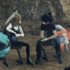 a man and a woman are sitting on a chair in a video game