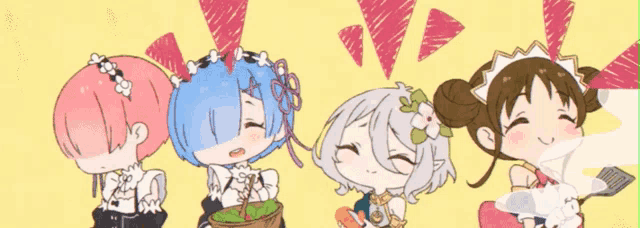 a group of anime girls are standing next to each other and smiling