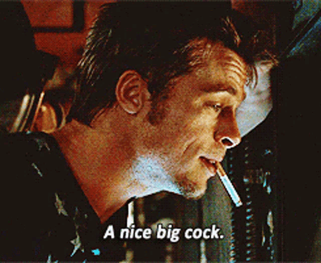a man smoking a cigarette with the words a nice big cock below him