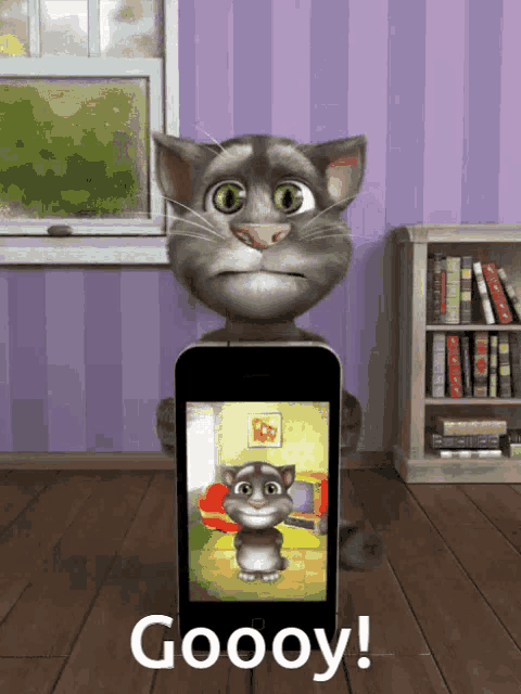 a cartoon cat holding a cell phone with the words goooy on the bottom